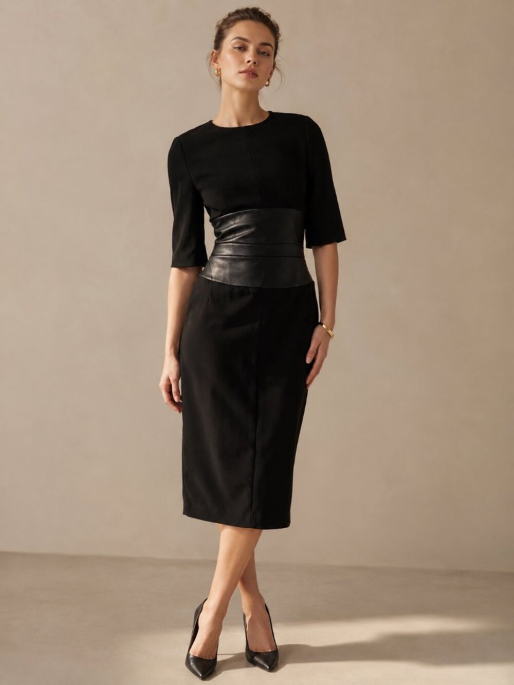 Jarbo Black Leather Panel Cocktail Dress | EU 38 / US 8 | Minimalist Designer
